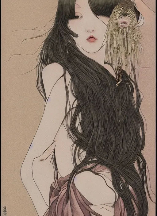 Prompt: pop surrealism, hyper realism, muted colors seductive female venus, cute girl, long hair, art by takato yamamoto, trevor brown