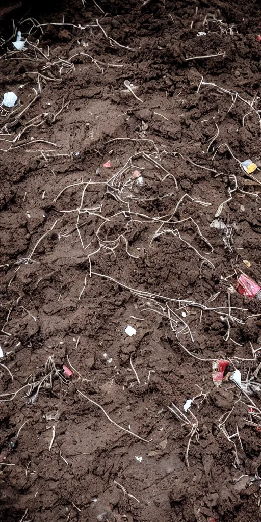 Prompt: a big topdown picture of nightmare horror dirt with trash, bricks, roots and mud. - w 1 0 2 4