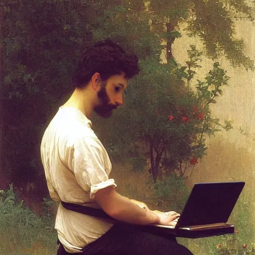 Image similar to an oil painting of an man playing a laptop, by Bouguereau, highly detailed and intricate,