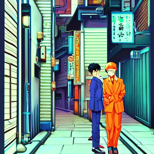 Image similar to salary man in small alley in golden gai, vaporwave nostalgia, commodore 6 4, visual novel cg, 8 0 s anime vibe, kimagure orange road, maison ikkoku, trending on artstation
