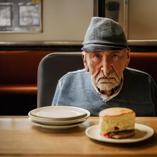 Prompt: a still of a lonely, melancholic old man staring at a slice of cake in a diner, he wears a birthday hat, infront of him is a framed photo facing him, dramatic contrasting light, 50mm, shot on a leica