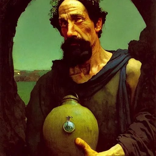 Prompt: Portrait Portrait of Diogenes the Cynic donning hobo costume whilst holding a lanthorn lantern whilst resting in an enormous wine cask winslow homer theodore gericault norman rockwell donato giancola john william waterhouse maxfield parrish mikhail vrubel arkhip kuindzhi astri lohne stained lacquer glaze