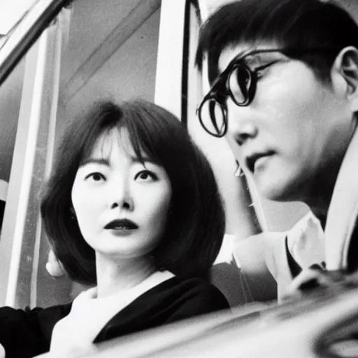 Image similar to 1960s press archive of the actress Choi Eun-Hee and director Shin Sang-ok coming out of a car, faces obscured, Reuters, 35mm film, film grain, mysterious exterior, underexposed