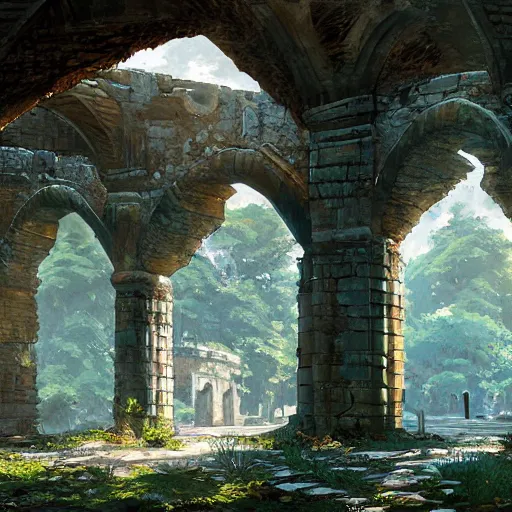 Image similar to concept art painting of an ornate ancient stone archway, in the woods, realistic, detailed, cel shaded, in the style of makoto shinkai and greg rutkowski and james gurney