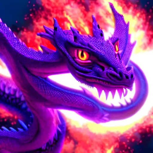 Prompt: hyperrealisitc dragon breathing purple flames in hd anime movie