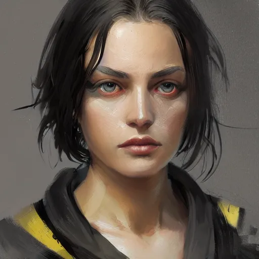 Image similar to Portrait of a woman by Greg Rutkowski, she is about 20 years old, round face, mixture between german and russian, black bob hair, attractive, determined but resentful look, she is wearing futuristic military fatigues with a black scarf, highly detailed portrait, scifi, digital painting, artstation, concept art, smooth, sharp foccus ilustration, Artstation HQ.