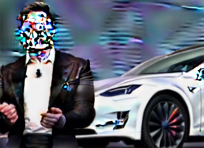 Image similar to elon musk presenting the new tesla wearing a bunny costume, award winning photo