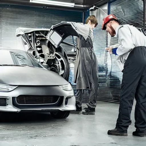 Image similar to a photo of Two car technicians fixing a futuristic car in a futuristic workshop , a blackboard covered with mathematical equations in the background, photo realistic, extremely detailed