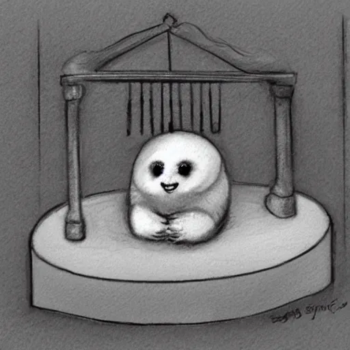 Image similar to a baby harp seal being sentenced to death by a judge, courtroom sketch