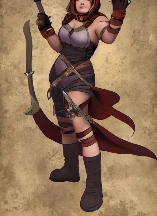 Prompt: ultra realistic photo of medieval chubby beautiful rogue hunter demon girl, full body, rule of thirds, saturated colors, cinematic, mignola, mucha