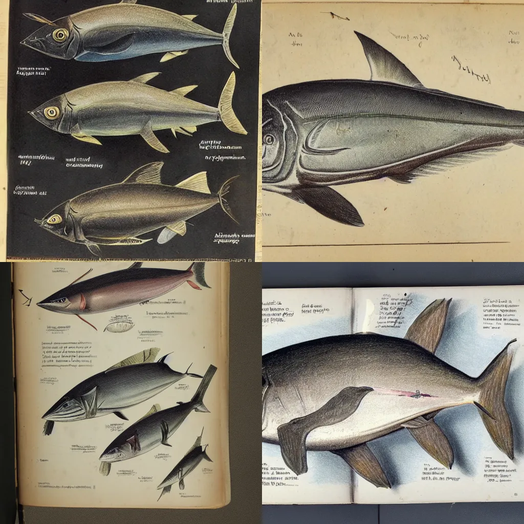 Prompt: A highly detailed drawing of Thunnus albacares in an old zoology textbook, fine strokes, Biodiversity Heritage library