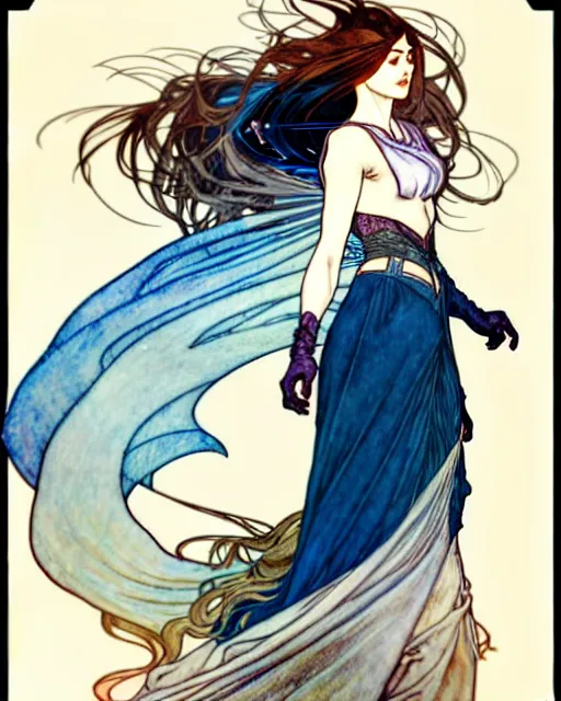 Image similar to in the style of artgerm, arthur rackham, alphonse mucha, phoebe tonkin, symmetrical eyes, symmetrical face, flowing blue skirt, full entire body, hair blowing, intricate filagree, hidden hands, warm colors, cool offset colors