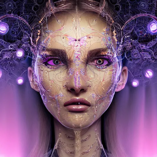 Prompt: very beautiful woman integrating with technology, full face frontal centered, portrait, insipiring, detailed intricate ornate cables connected to head, big open electric eyes, luxurious detailed abundent wiring and implants, diamonds, ruby, sci - fi, neon, glow, lucious hair, detailed technology background with cyber flowers and insects, highly detailed, artstation, 8 k