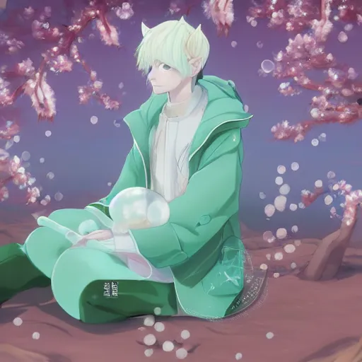 Prompt: aesthetic portrait commission of a albino male anthro liger under a cherry blossom tree bubble filled while wearing a cute mint colored cozy soft pastel winter outfit with pearls on it, winter atmosphere. character design by artgerm, and makoto shinkai, detailed, inked, western comic book art, 2 0 2 0 award winning painting