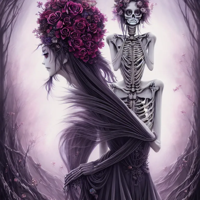 Image similar to stunning anime goddess hybrid skeleton of the floral river flowers, beautiful gothic dress in a dark romance, misty, by cgsociety, in the style of charlie bowater, tom bagshaw, intricate, beautiful, artstation 8 k, high resolutionsparkling atom fractals of jewls cords, by alex grey and hr giger