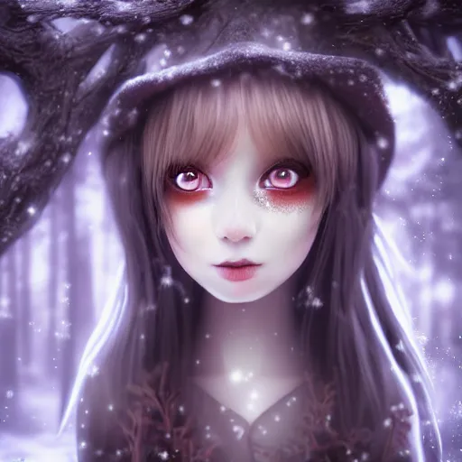 Prompt: portrait of beautiful darkness witch 3D anime girl, dark forest background, snowing, bokeh, inspired by Tim Burton, digital painting, unreal engine render, volumetric light, high détail
