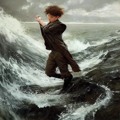 Prompt: epic battle brown haired boy summons a huge wave of water. photo realistic. realistic. extremely detailed. masterpiece. dramatic. rule of thirds. jc leyendecker. repin. ruan jia.