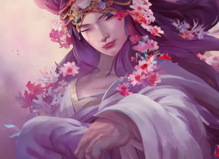 Image similar to character concept art of a girl wearing japanese kimono surrounded by spirit blossoms, wonderful shading, realistic face, concept art, dynamic pose, digital illustration, trending on artstation, intricate details, epic composition, sharp focus, 8 k uhd, masterpiece, league of legends splash art