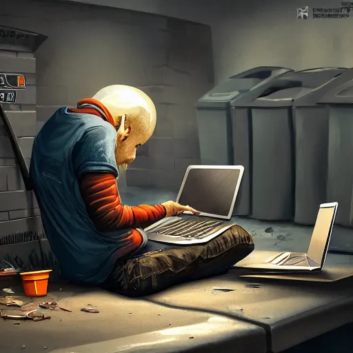 Image similar to a bum using laptop near trashcans, concept art, trending on artstation, highly detailed, intricate, sharp focus, digital art, 8 k