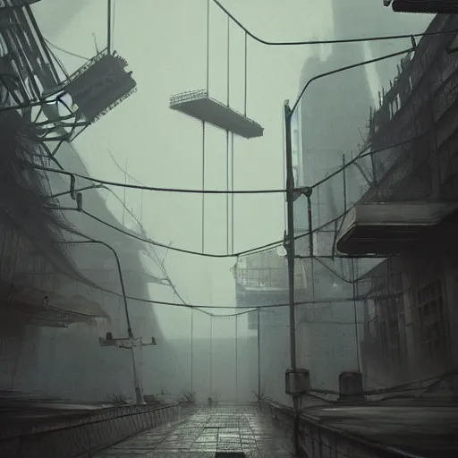 Image similar to raining dark smog wide angle shot machinery dieselpunk dystopia corrogated steel overhead walkway trending on artstation megalomaniac city