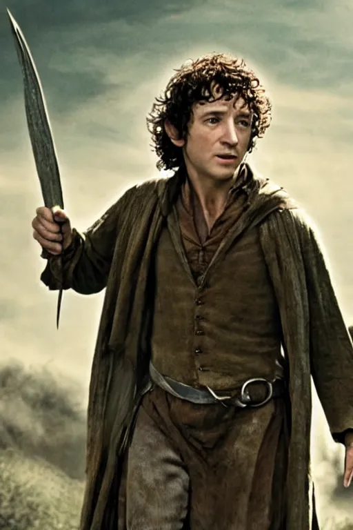 Prompt: film still of bruce springsteen as frodo baggins in lord of the rings movie, glamour pose, dramatic lighting, octane, volumetric lighting, 8 k