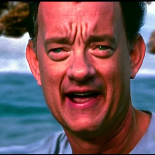 Prompt: Tom Hanks talking to a volley ball in the movie Castaway, cinematic, imdb, wikipedia,