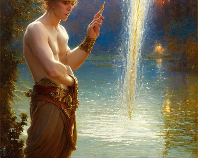 Prompt: attractive male wizard casting powerful water spell in a beautiful lake. highly detailed painting by gaston bussiere, craig mullins, j. c. leyendecker 8 k