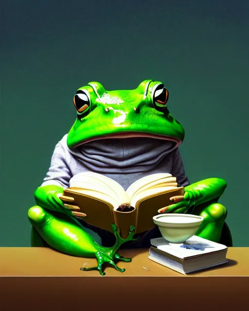 Image similar to anthropomorphic art of an elegant green frog, dressed as dendy, at the mushroom table, reading a book, by artgerm, victo ngai, ryohei hase, artstation, highly detailed digital painting, smooth, global illumination, fantasy art by greg rutkowsky, karl spitzweg, leyendecker