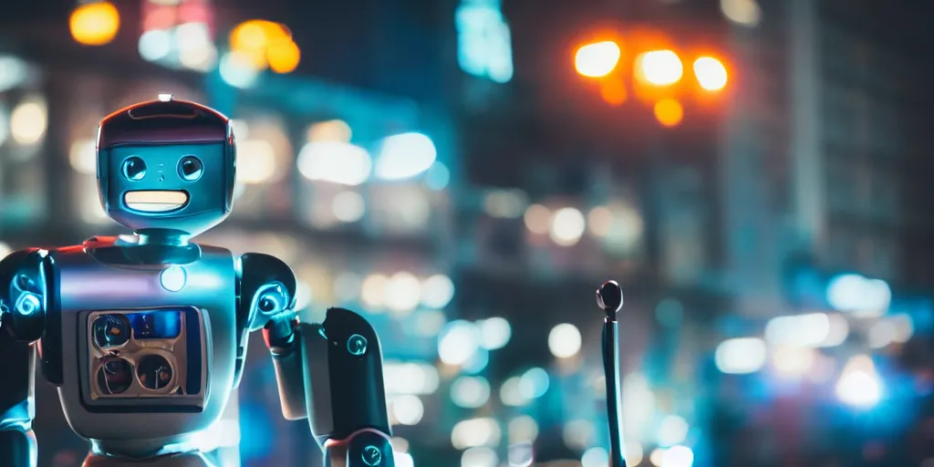 Image similar to close up photo of a robot smiling downtown at night, 50mm shallow depth of field