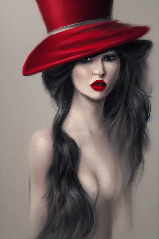 Prompt: elegant long hair lady wearing red dress and tophat, close up portrait, realistic detailed painting, dark background, noir, mysterious