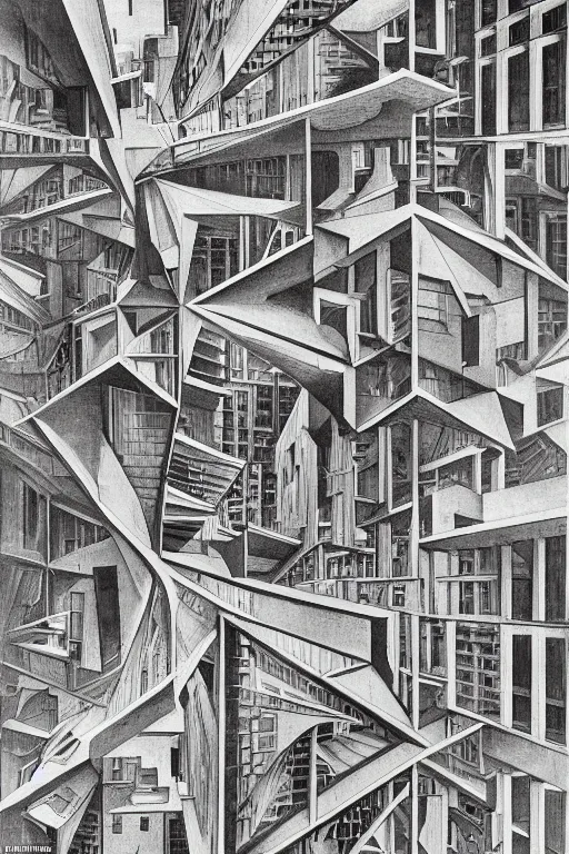 Prompt: A beautiful painting of Multistorey architectures seen from above by MC Escher,black and white