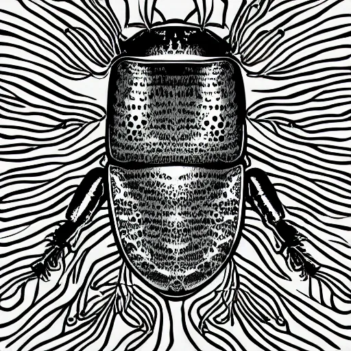 Image similar to monochromatic illustration of a beetle, one line, line drawing, unbroken, minimalist, white background, black and white