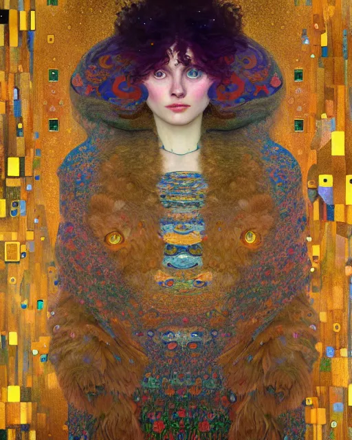 Prompt: forest cat portrait an oil painting splashes with many colors and shapes by gustav klimt greg rutkowski and alphonse mucha, polycount, generative art, psychedelic, fractalism, glitch art