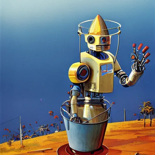 Image similar to robot wearing a bucket hat, by John Harri and Michael Whelan and John Berkey and Robert McCall and Chris Foss and Chris Moore and Vincent Di Fate and Rafał Olbiński and Jim Burns