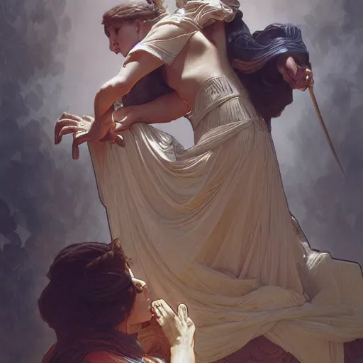 Image similar to portrait of a david and goliath, intricate, elegant, highly detailed, digital painting, artstation, concept art, smooth, sharp focus, illustration, art by artgerm and greg rutkowski and alphonse mucha and william - adolphe bouguereau