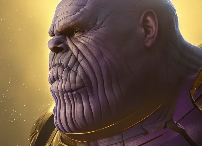 Image similar to thanos, au naturel, hyper detailed, digital art, trending in artstation, cinematic lighting, studio quality, smooth render, unreal engine 5 rendered, octane rendered, art style by klimt and nixeu and ian sprigger and wlop and krenz cushart