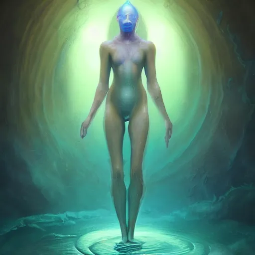 Image similar to by tom bagshaw, a centered wide shot soft paint render of a curiosity lovecraft underworld depths, single female underwater with full bodysuit armor, water waves, multiples tentacles, symmetry accurate features, ominous depths, elegance, refractions, reflections, focus, rainbow lighting, very high detail, gods ray, octane, artstation