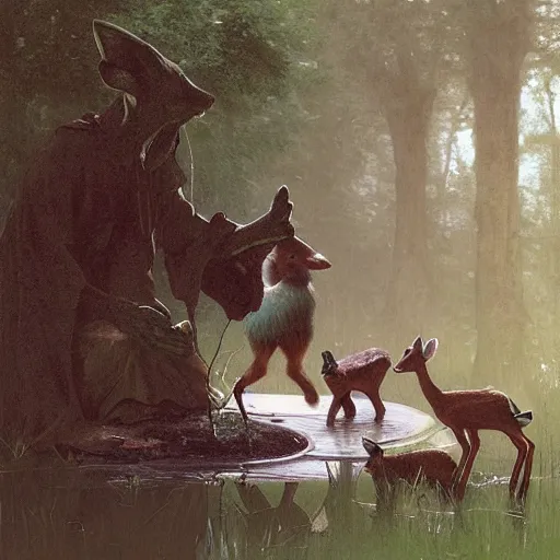 Image similar to a baby deer sniffing an old yard gnome standing by a pond. illustration, art by greg rutkowski and bouguereau and Zdzislaw Beksinski