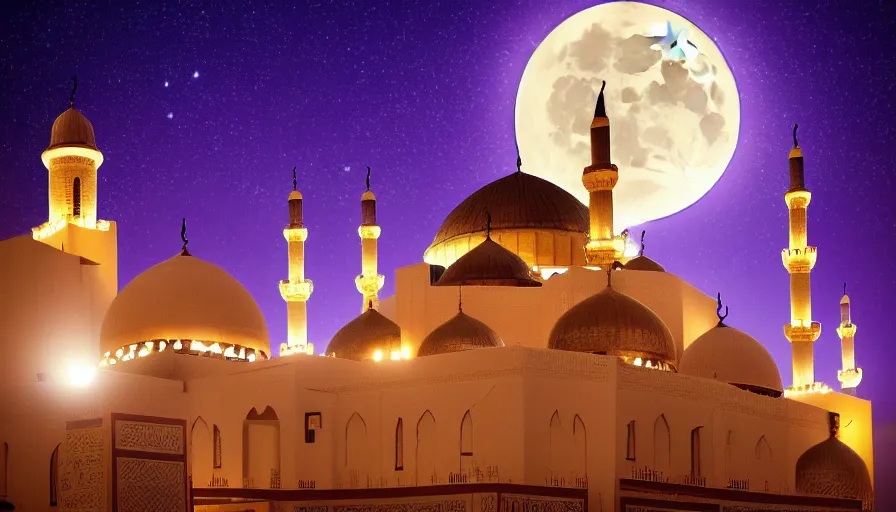 Image similar to photo of beautiful mosque under a giant full moon, glowing arabic symbols floating in the air, cinematic, extreme detail, sharp focus, masterpiece,