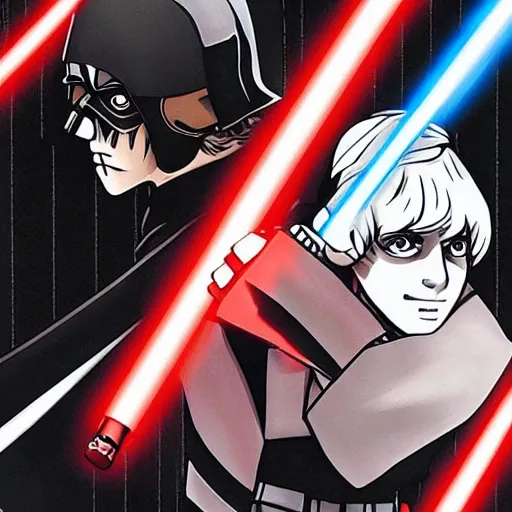 Image similar to Luke Skywalker dueling Darth Vader, Star Wars, anime, art in the style of Koyoharu Gotouge, detailed, high quality