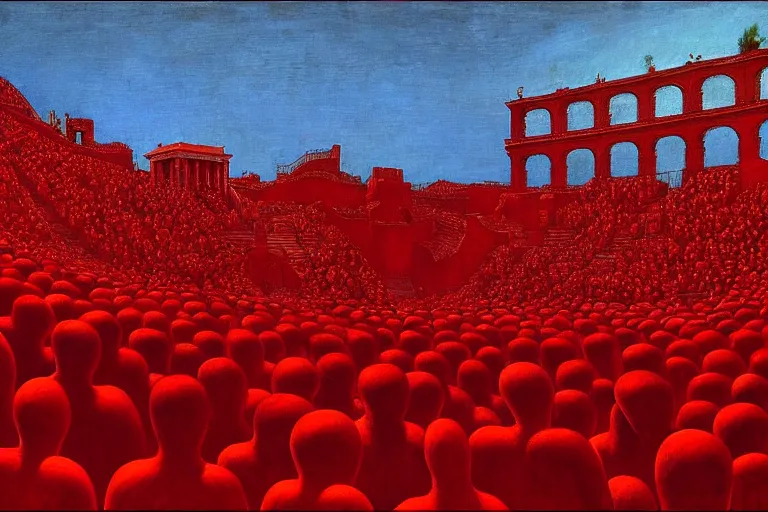 Image similar to only with red, a red great emperor, taormina amphitheatre, crowd with big smile, in the style of beksinski, parts by edward hopper, parts by rodcenko, parts by yue minjun, intricate and epic composition, red by caravaggio, insanely quality, highly detailed, masterpiece, red light, artstation, 4 k