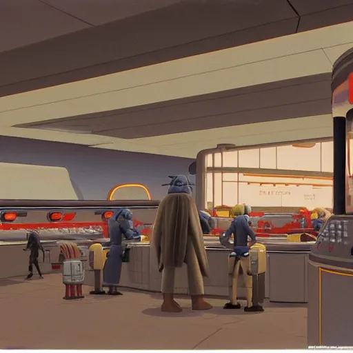 Prompt: ralph mcquarrie concept art of a futuristic mcdonalds. a space station is seen off in the distance with various droids and people walking in the foreground.