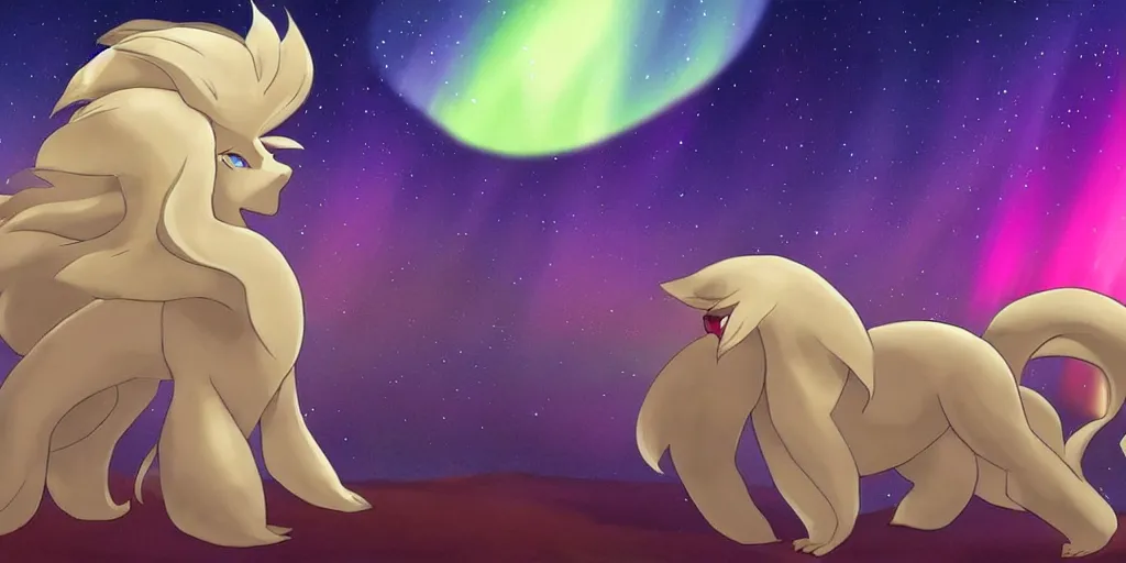 Image similar to Alolan Ninetales shiny, standing on an snowy hill with an aurora borealis in the night sky, Pokémon,