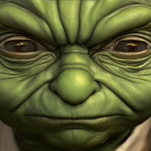 Image similar to Intricate five star Yoda facial portrait, Skin texture, hyperrealism, high detail, matte finish, high contrast, 3d depth, masterpiece, vivid colors, artstationhd