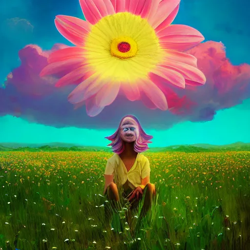 Image similar to giant daisy flower as head, girl sitting in a flower field, surreal photography, sunrise, dramatic light, impressionist painting, colorful clouds, digital painting, artstation, simon stalenhag