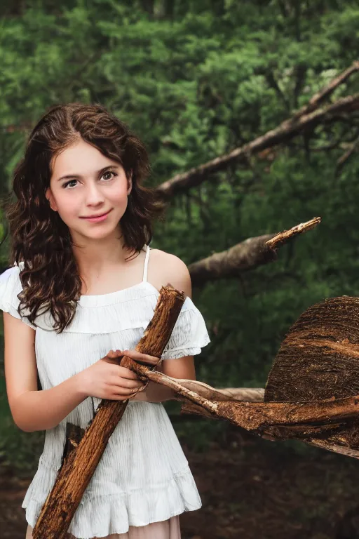 Image similar to a middle-school girl with brown eyes and unkempt wavy short brown hair wearing a white dress and holding a bundle of firewood, high resolution film still, 8k, HDR color, short hair, round face, dimples, beautiful gazing eyes