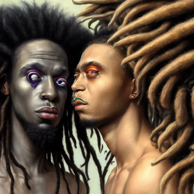 Image similar to hyperrealistic hyper detailed neo - surreal 8 5 mm portrait of two black goth male wikiing's with dreadlocks matte painting concept art hannah yata dali very dramatic soft light low side angle shot hd 8 k sharp shallow depth of field