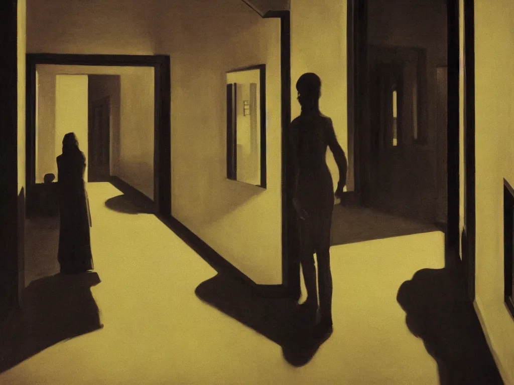 Image similar to the shinning hotel hallway, 70s, americana, dim, dark, lone scary silhouette in the distance, ultra view angle view, realistic detailed painting by edward hopper