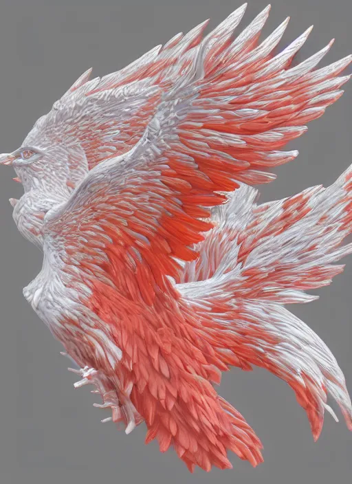 Image similar to white phoenix orange pink salt crystals sharp detail 3d render simple background sharp contrast feathers graphic design fai khadra gaika style