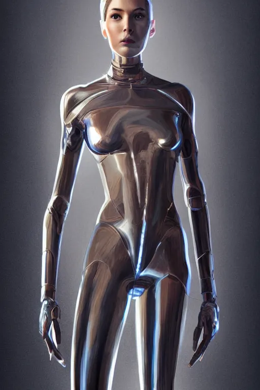 Prompt: full figure portrait, dynamic pose, of a thin elongated female android made of chrome and woodgrain, lean sleek styling, feminine curves, reflective, inscribed etched with gnostic runes, by jessica rossier